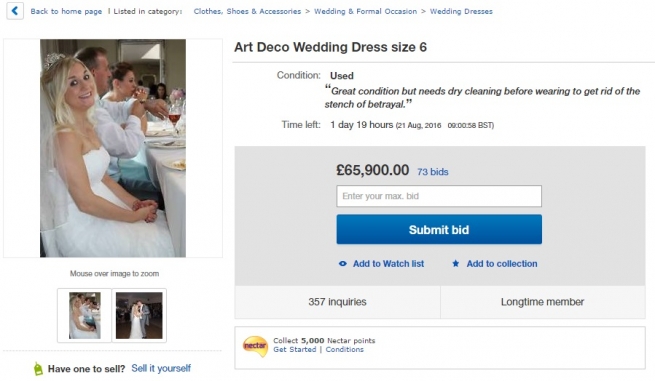 Британка может выручить $86 тысяч на eBay за несчастливое свадебное платье